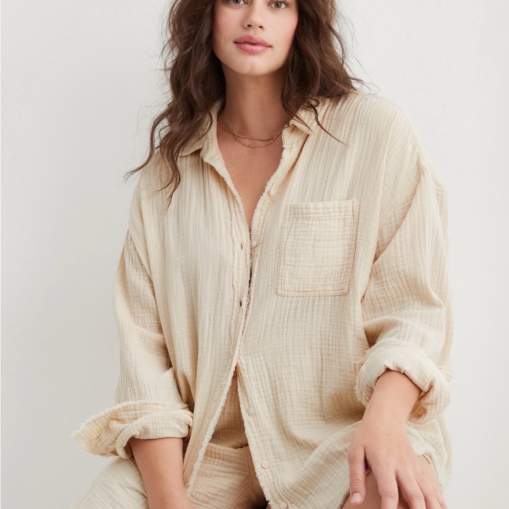 Aerie Gauzy Button-Up Women Top in color Mushroom